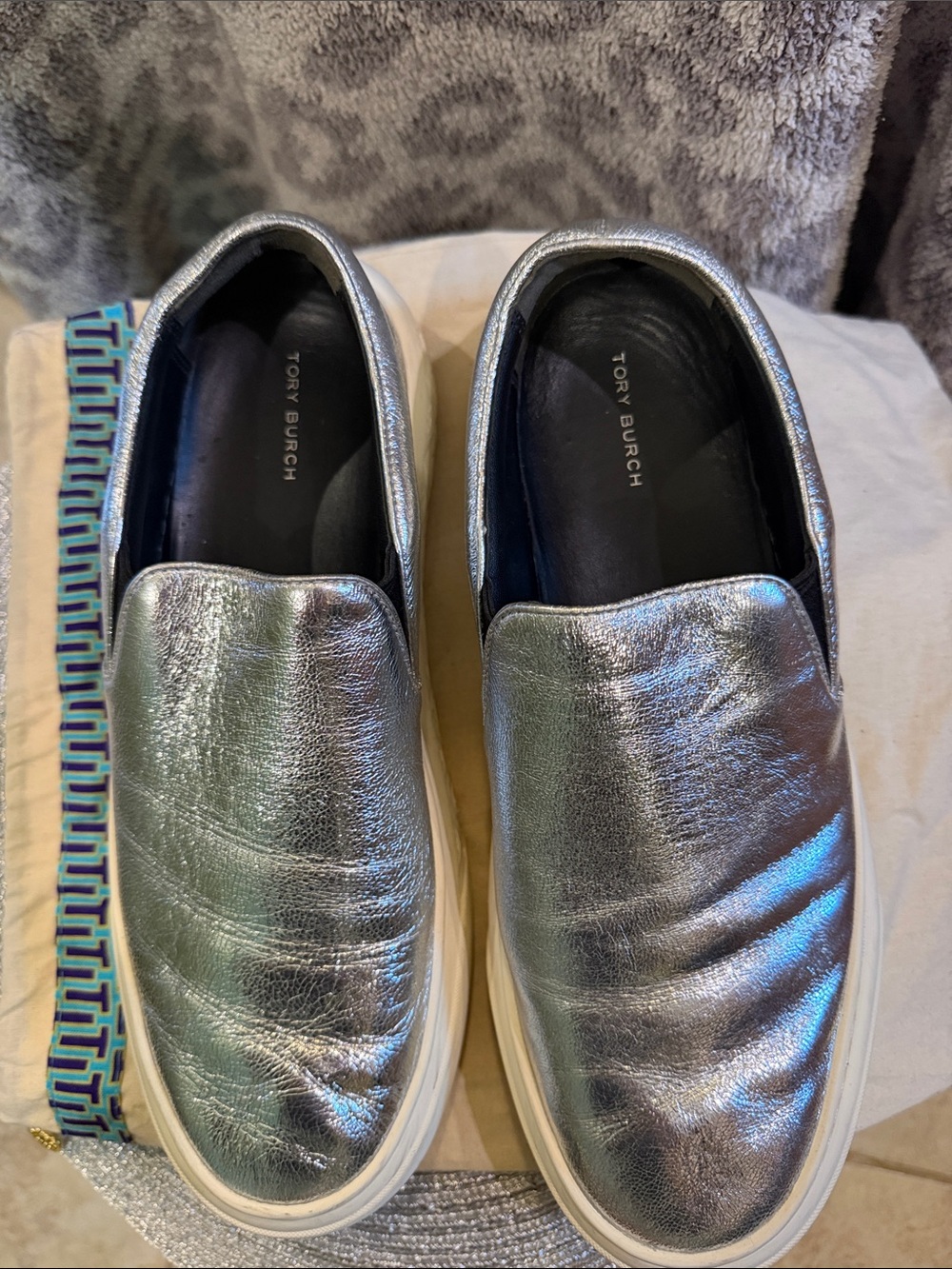 Tory Burch Silver Metallic Leather Slip-On Flats with White Soles